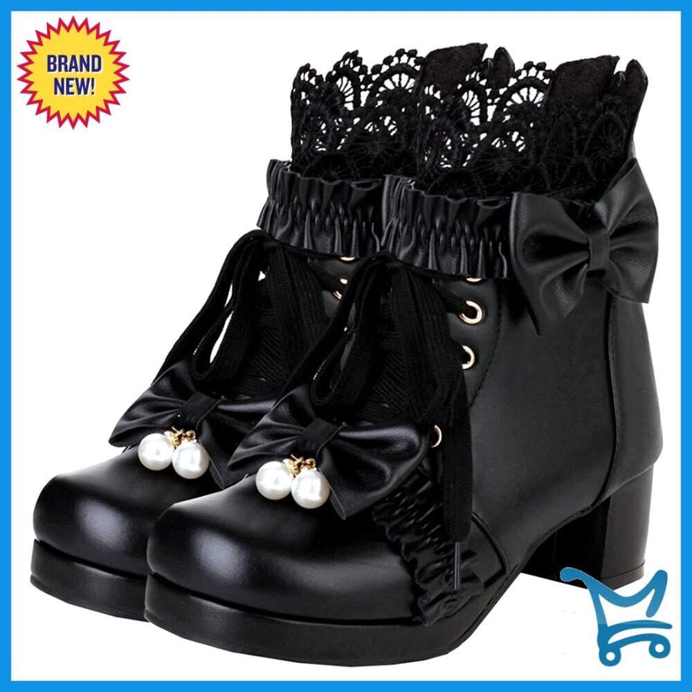 Platform Ankle Boots Lace Up Chunky Heel Winter Shoes with Bow